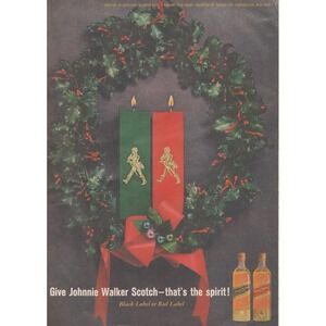 1961 Johnnie Walker Vintage Print Ad Scotch Whisky Christmas Black Red Label